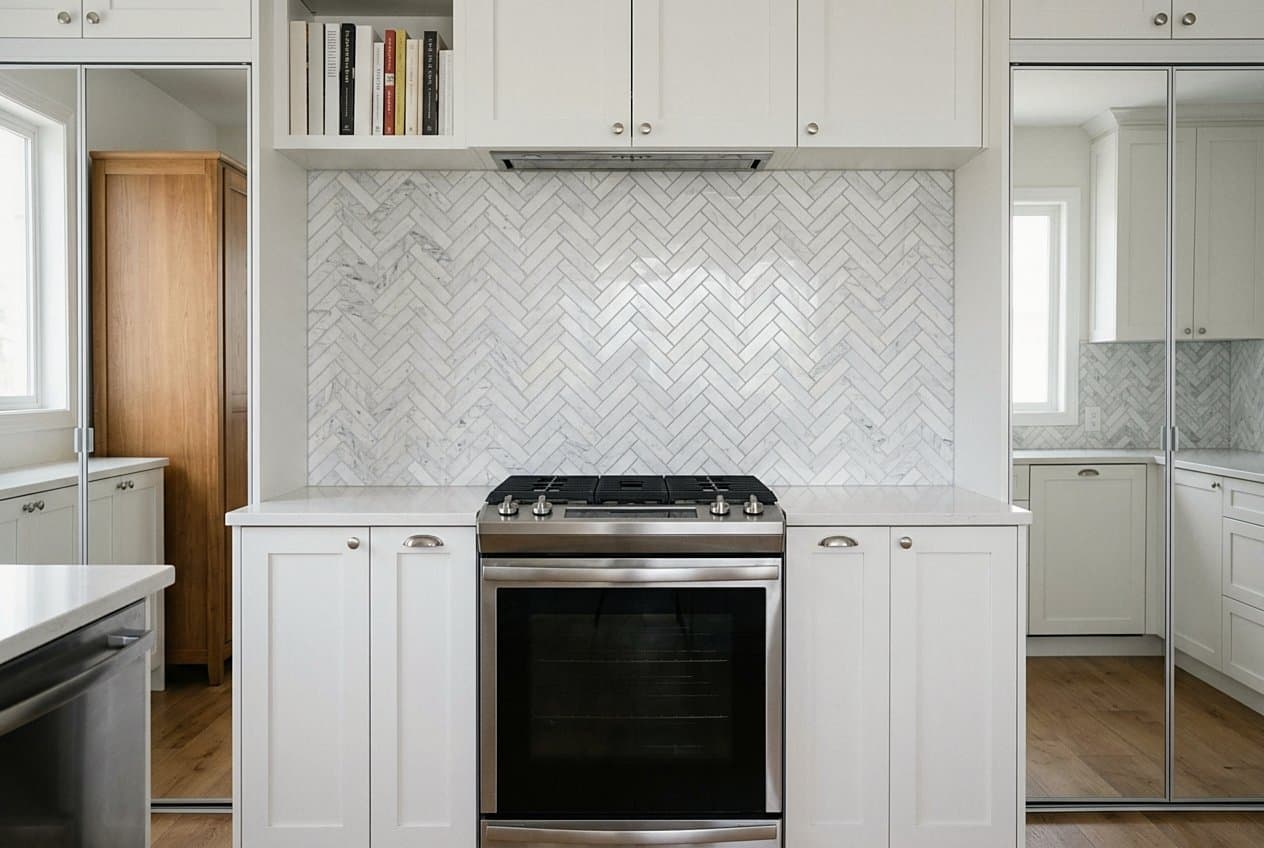 Finished herringbone marble backsplash in a white kitchen