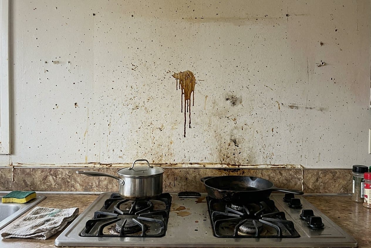 Grease-stained wall with no backsplash above a stove