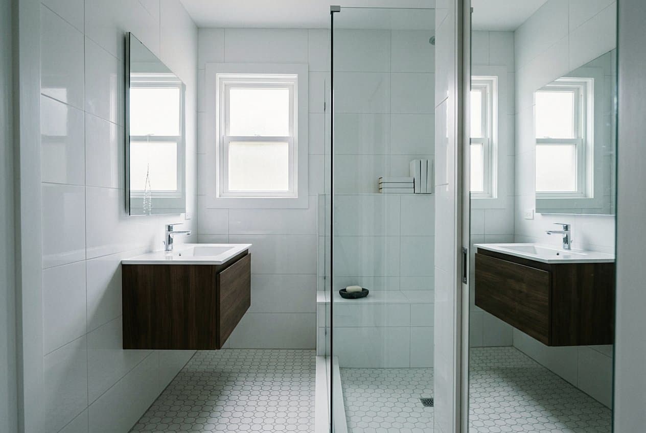 Remodeled bathroom with a walk-in shower and double vanity