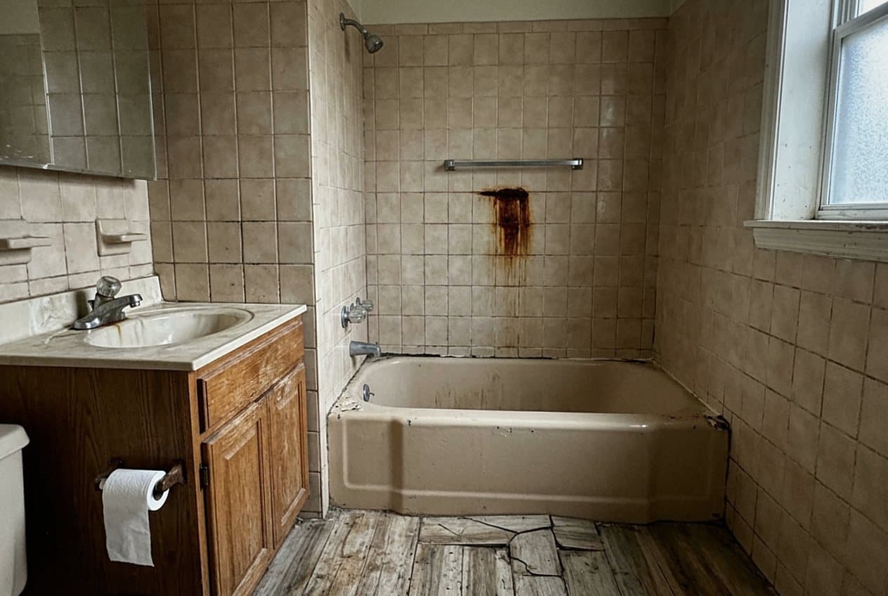 Outdated tan tile bathroom with rust stains and cracks