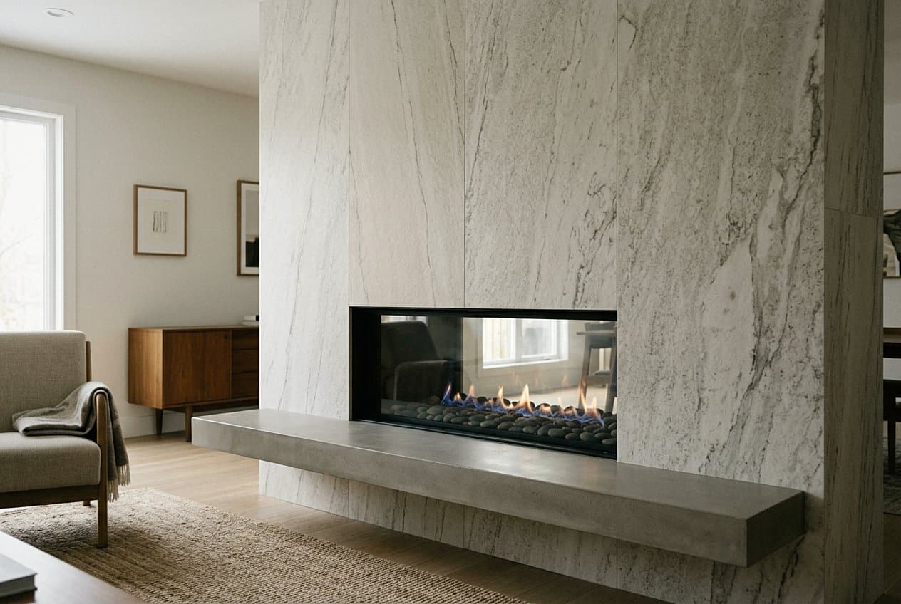 Marble slab fireplace wall with a floating hearth