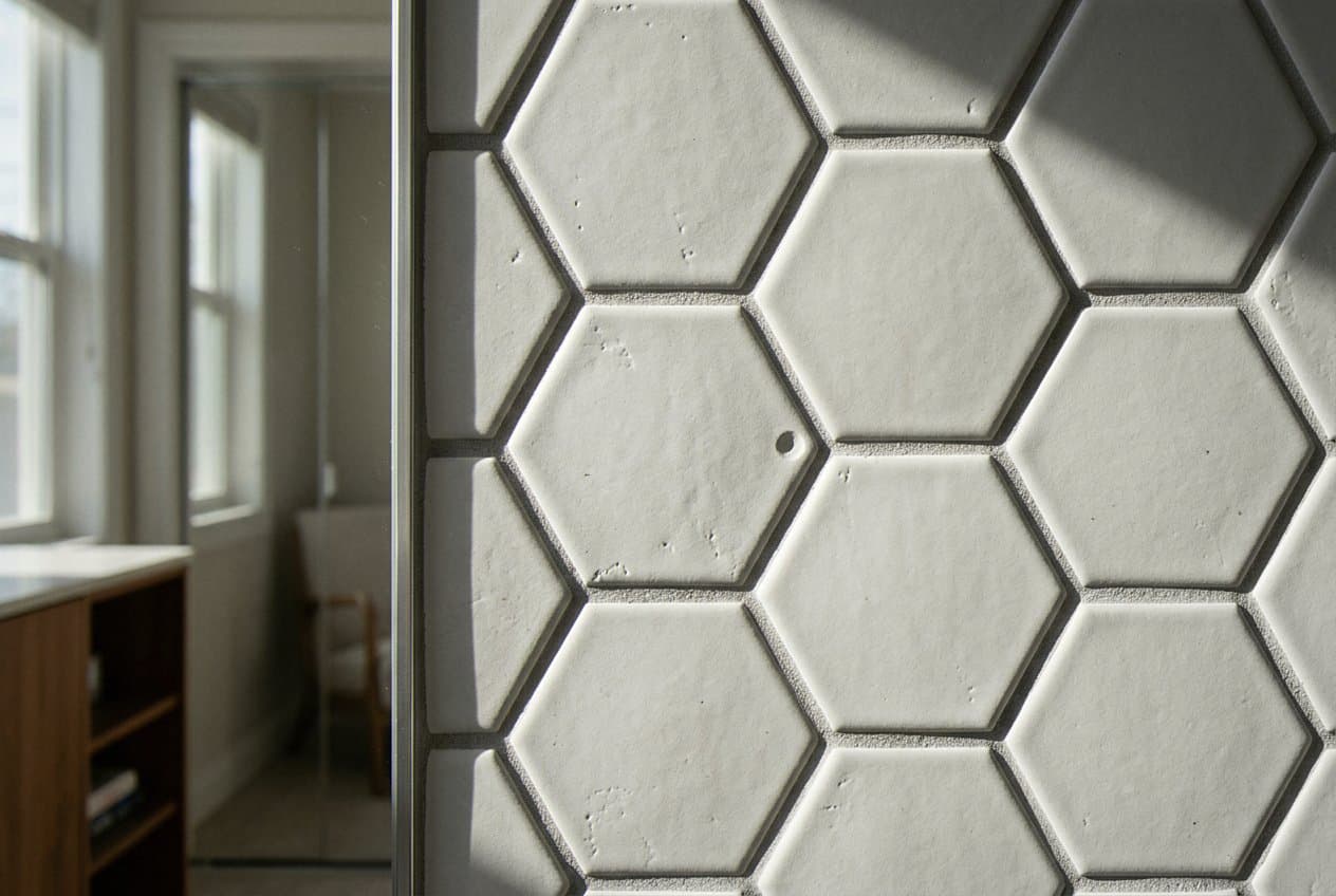 Close-up of clean white hexagon tile and grout