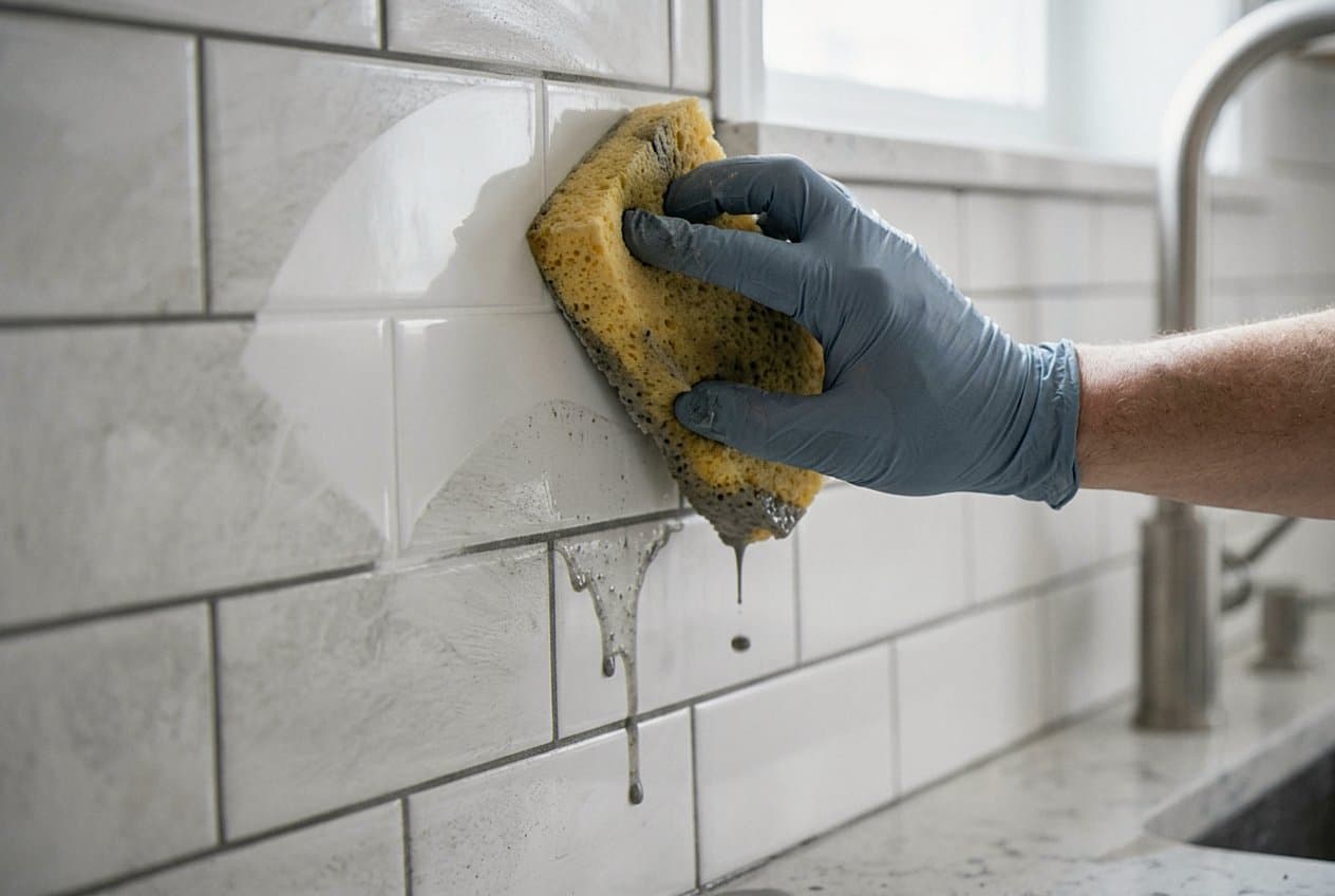 Sponging grout haze off a white subway backsplash