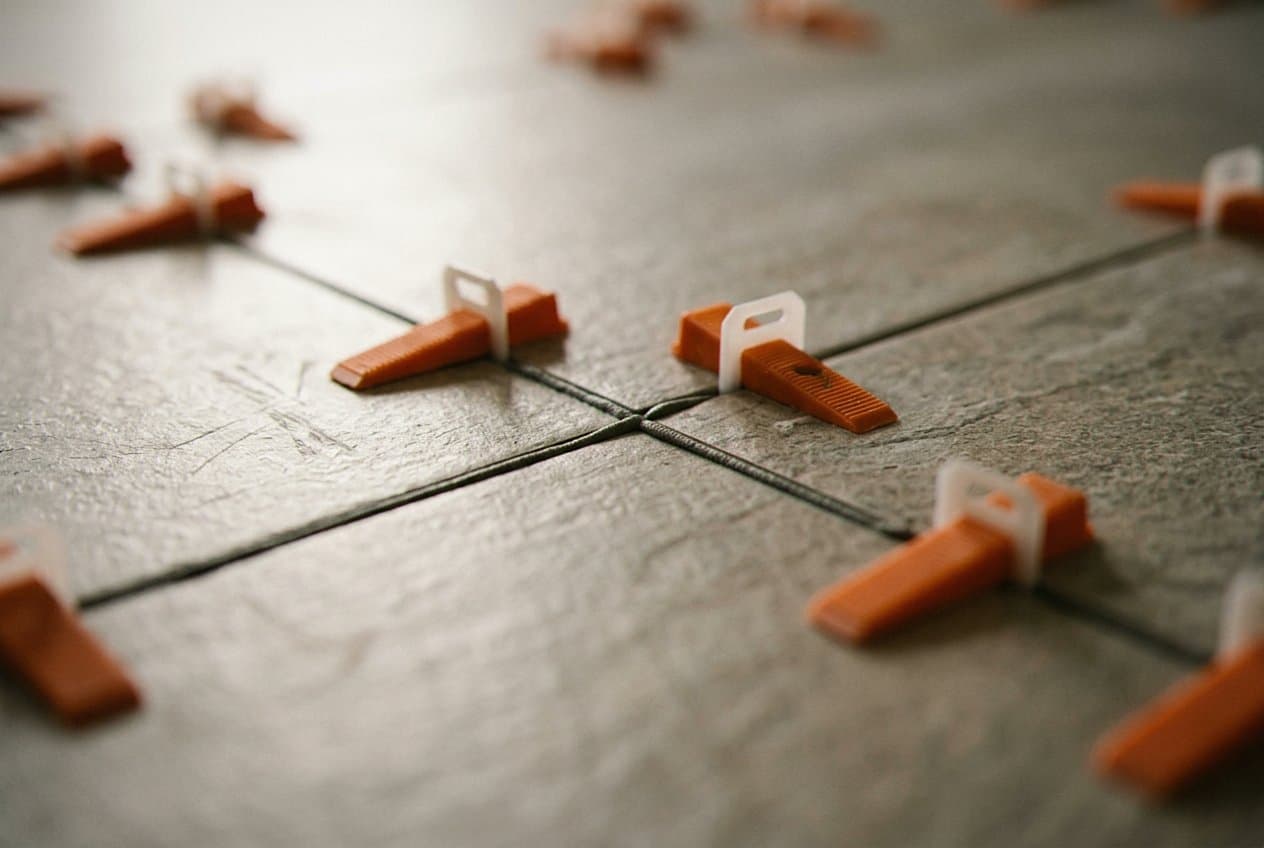 Orange leveling clips holding large floor tile flat
