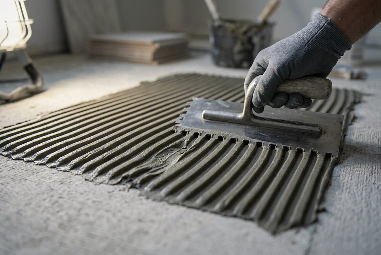 Combing gray thinset mortar before setting tile