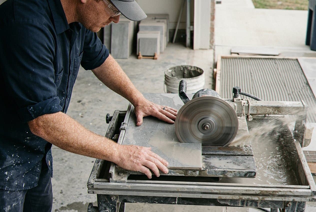 Cutting a large tile on a wet saw