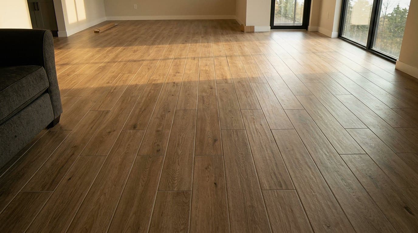 Wood-look plank tile floor in an empty living room