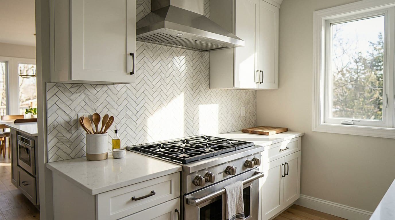 Herringbone marble backsplash behind a gas range