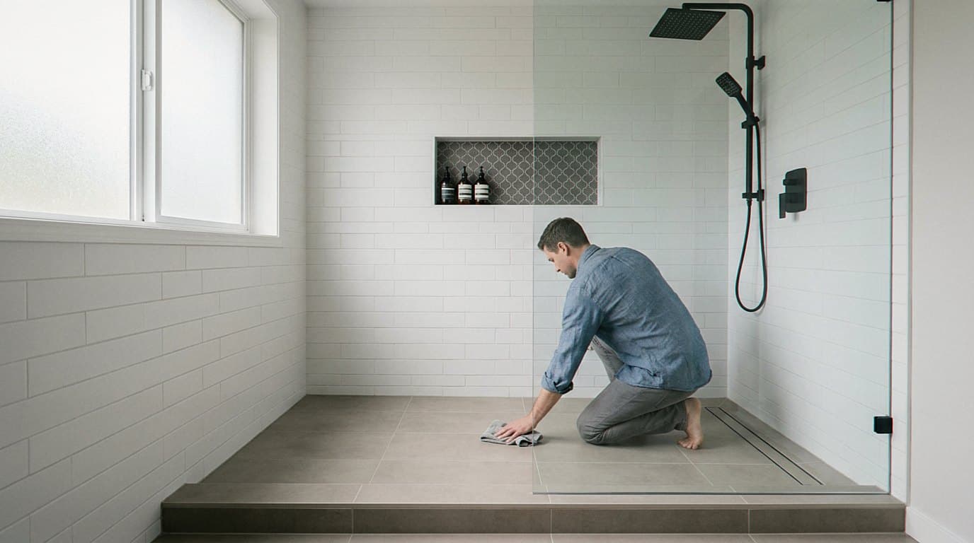 Finished walk-in shower with black fixtures