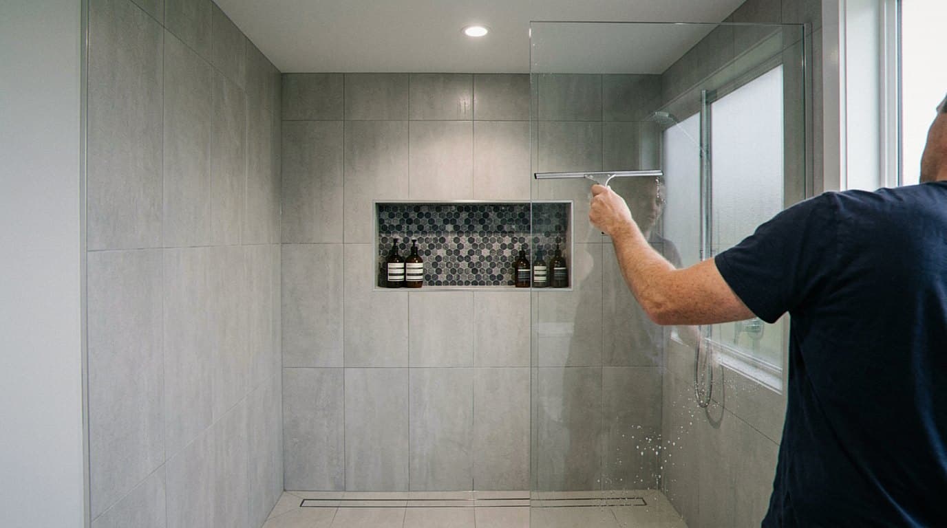 Squeegeeing water off the glass panel of a finished gray