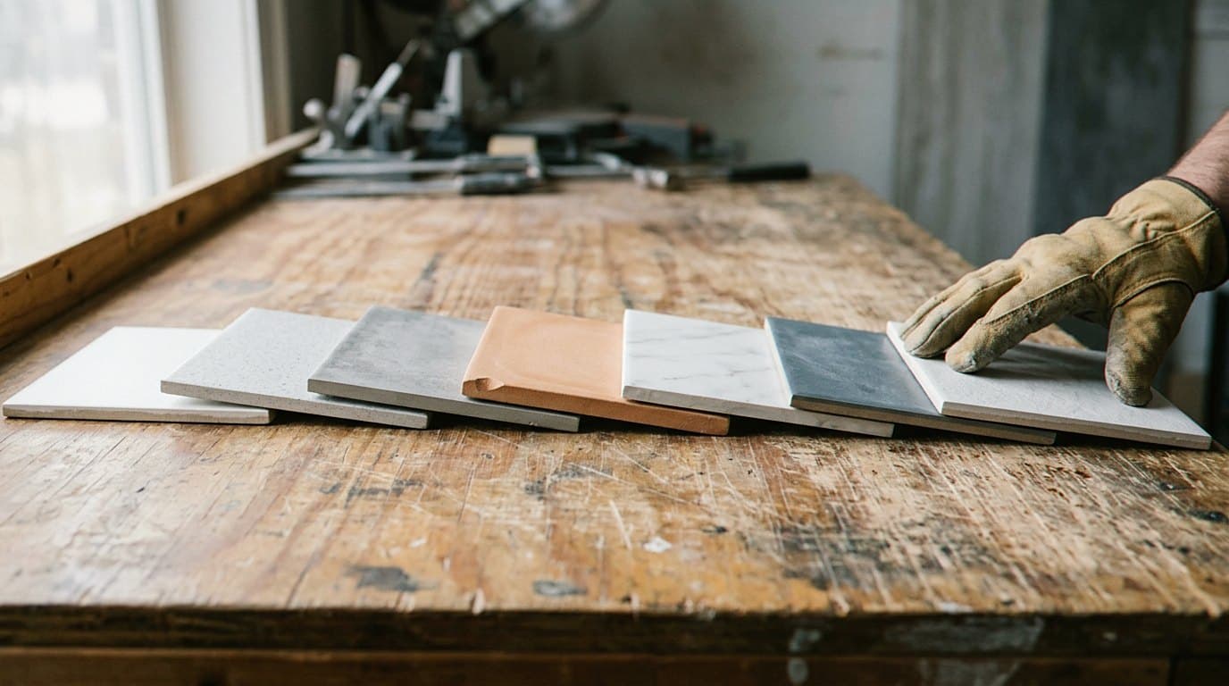 Tile samples fanned out on a work table