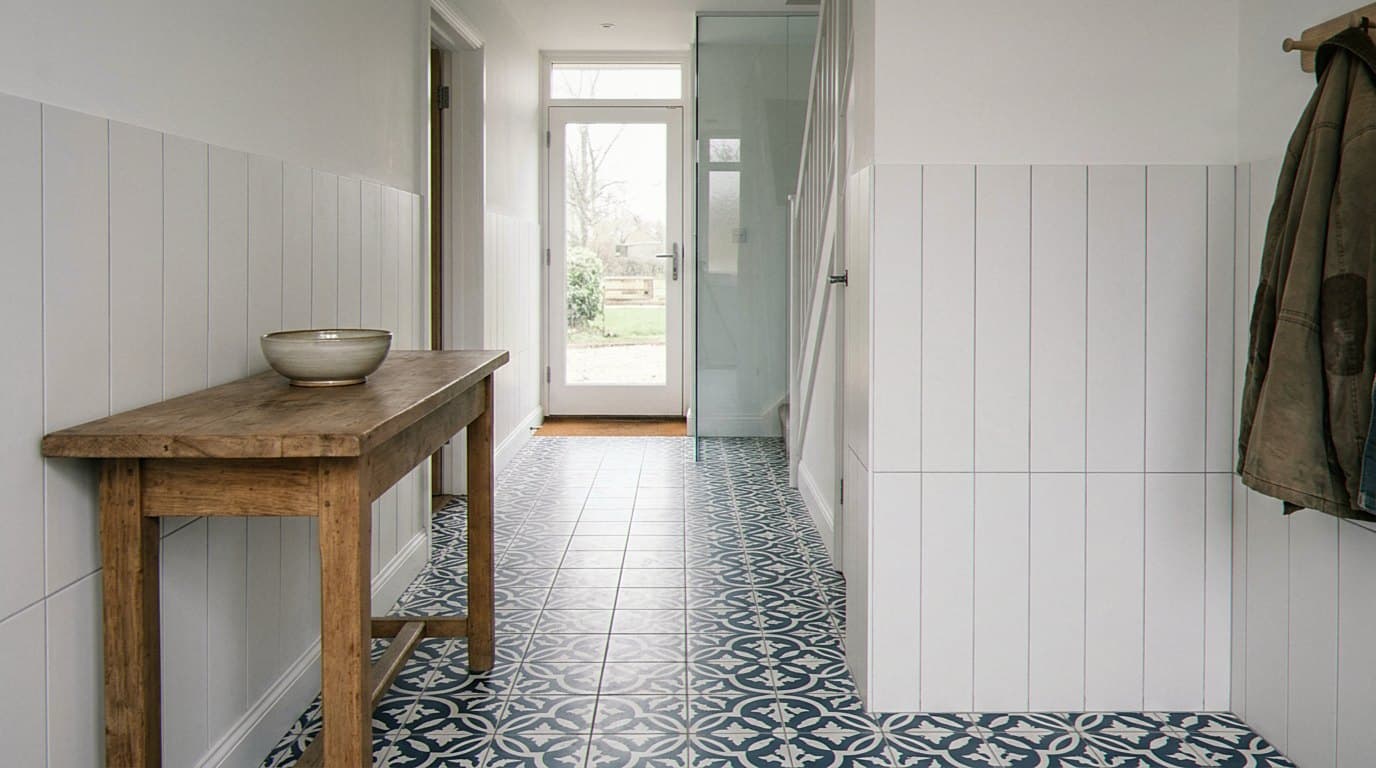 Entry hallway floor tile beside the front door