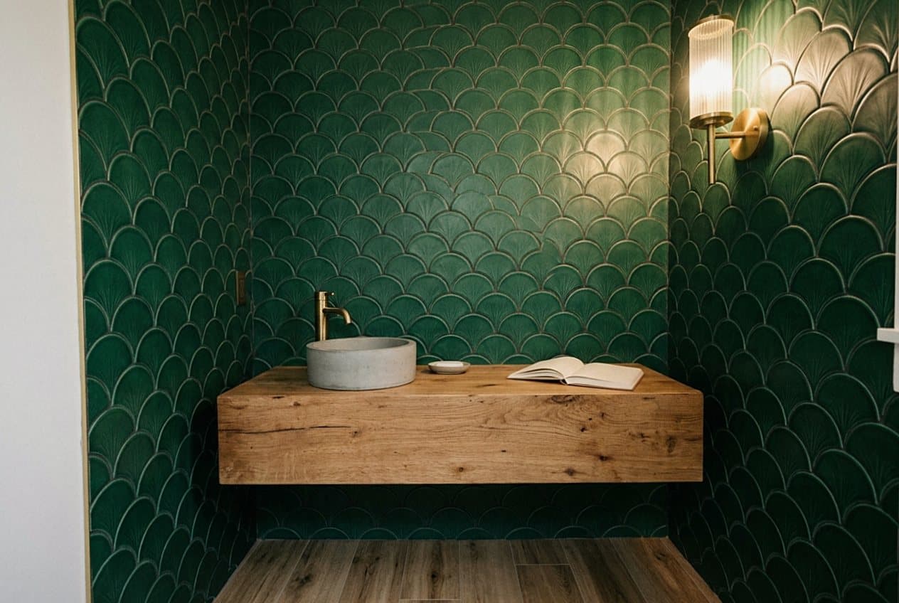 Green fish-scale accent wall behind a vessel sink