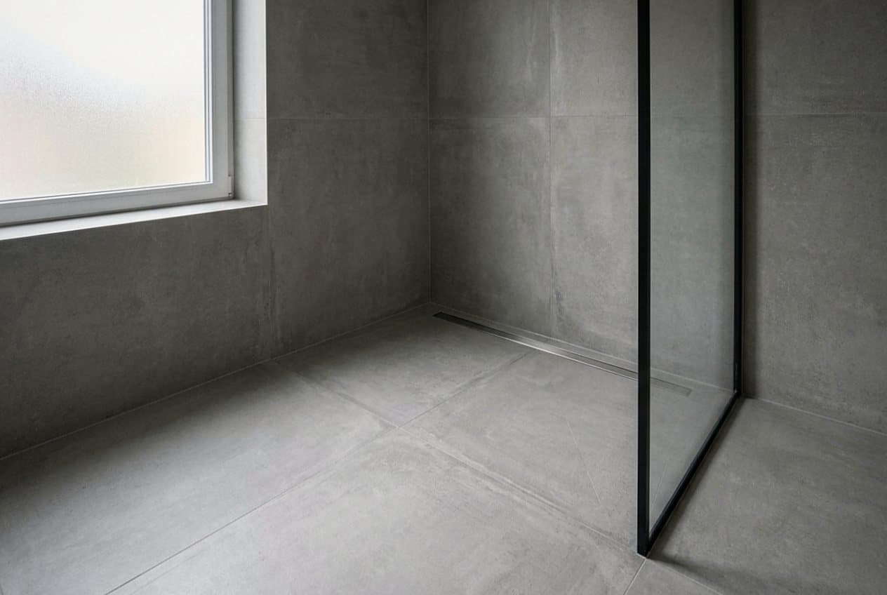 Curbless walk-in shower in large gray tile