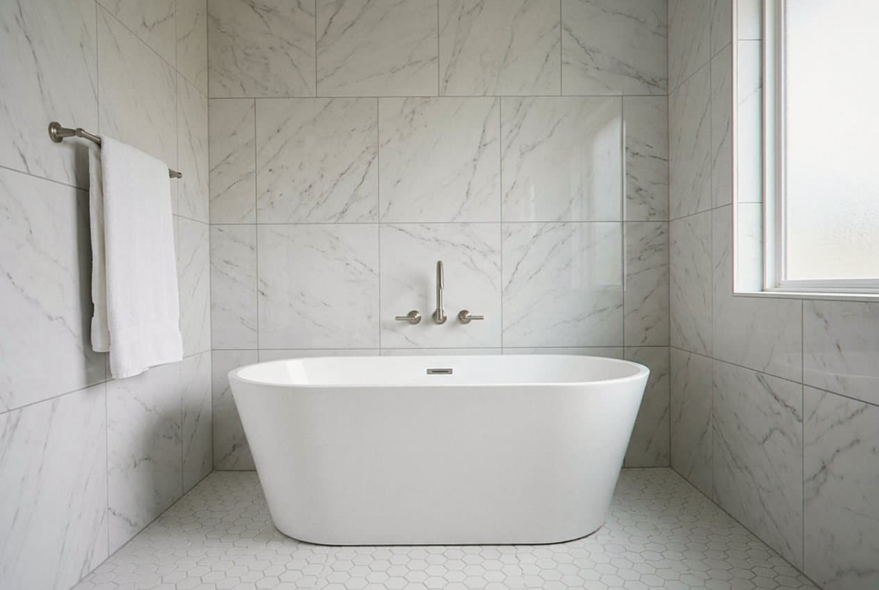 Marble bathroom with a freestanding tub and towel bar