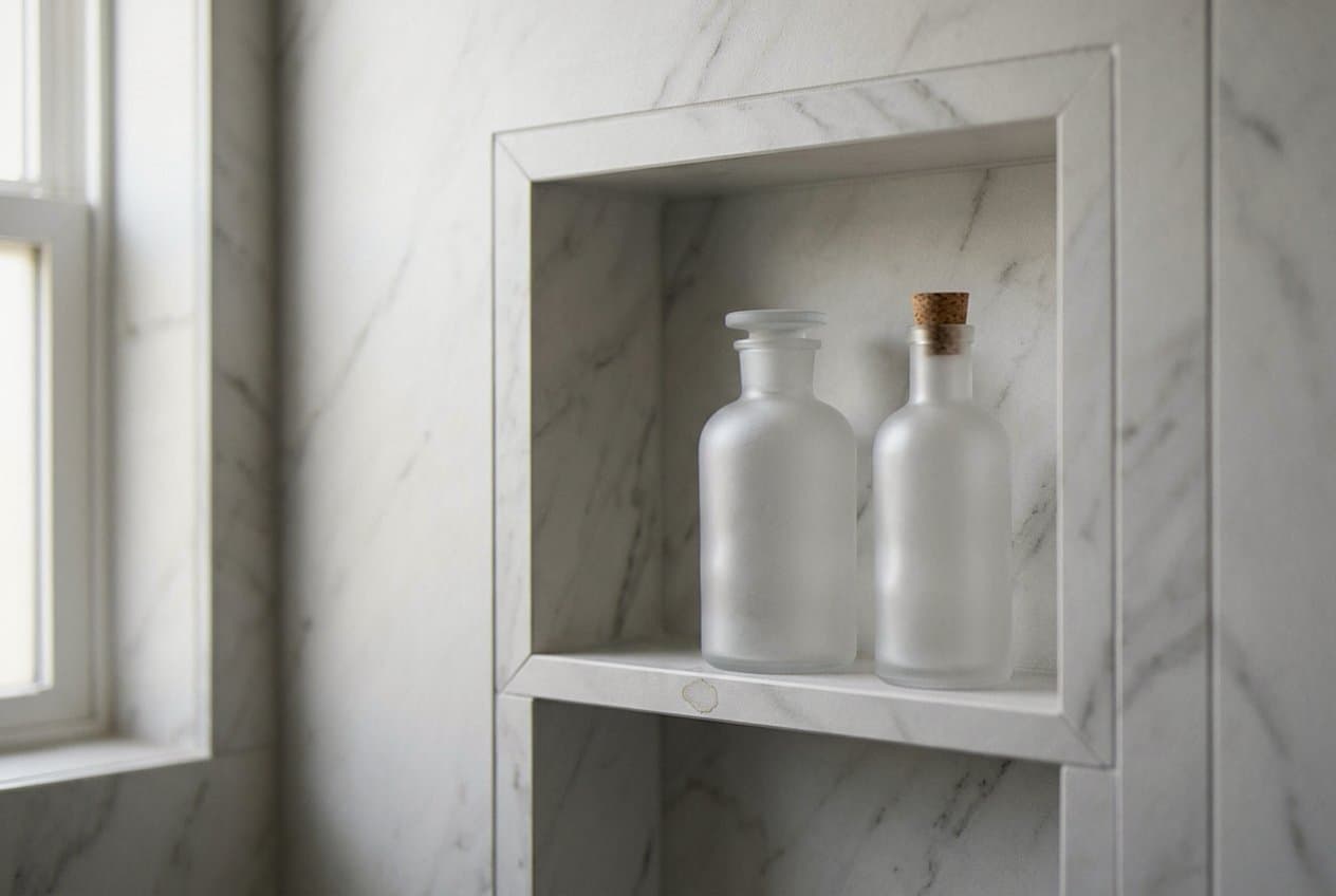 Marble shower niche holding two frosted bottles