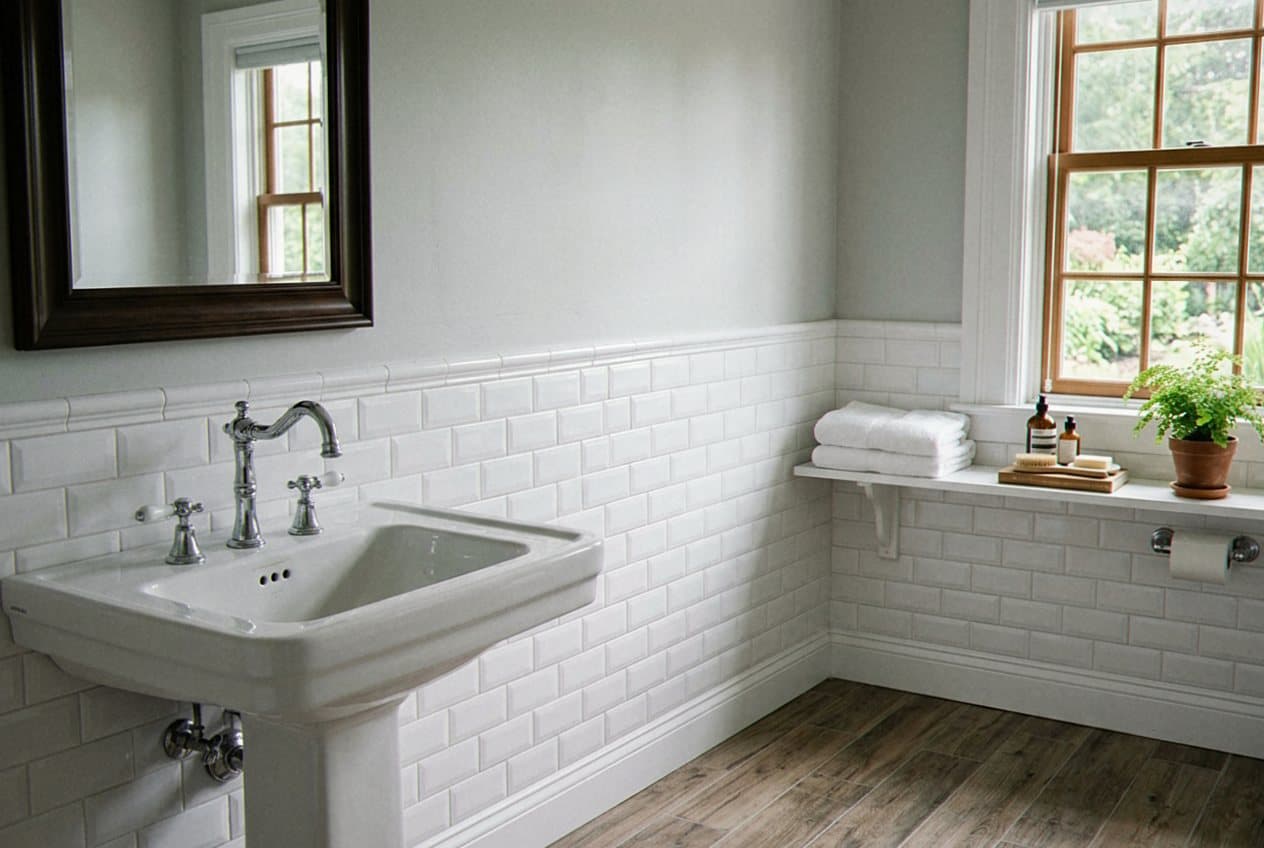 White subway tile wainscot behind a pedestal sink