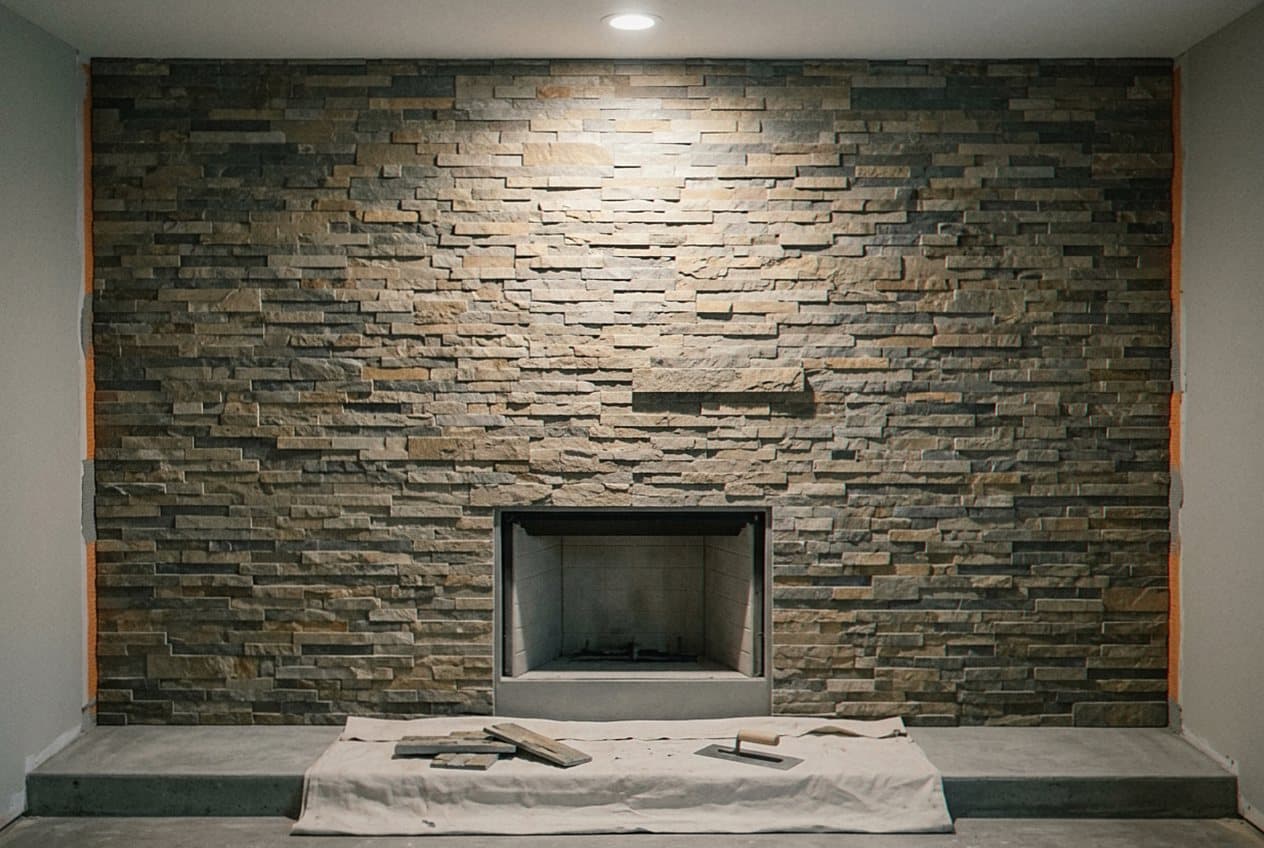 Floor-to-ceiling stacked stone fireplace wall with a firebox