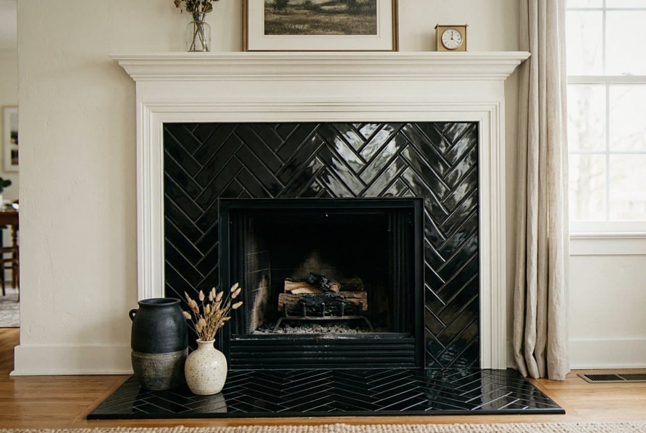 Black herringbone tile fireplace surround under a mantel