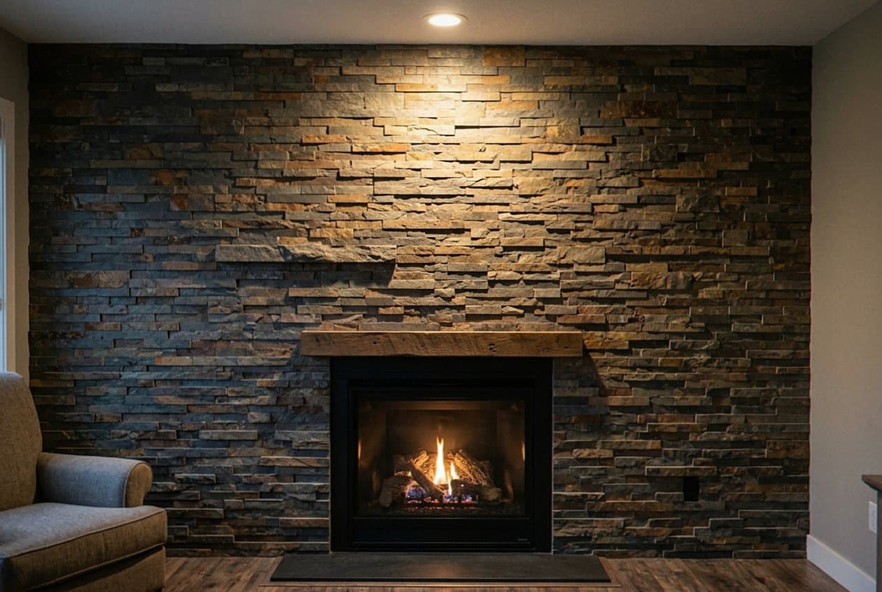 Stacked slate fireplace wall with a lit fire