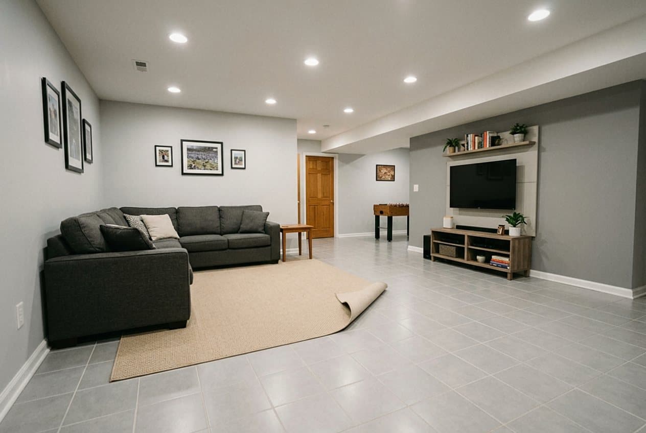 Gray tile floor in a finished basement lounge