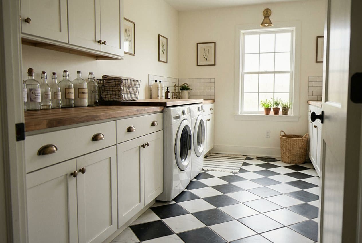Black and white checkerboard tile in a laundry room
