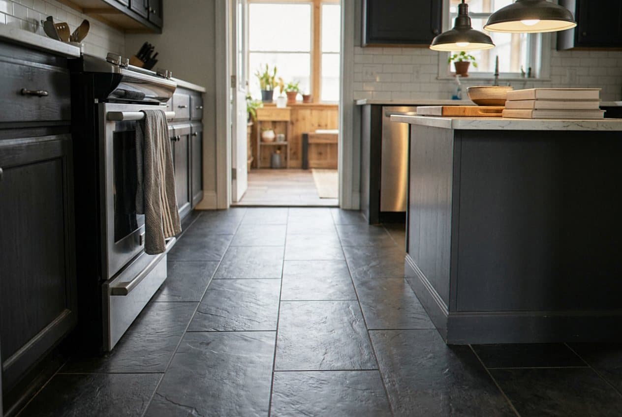 Dark slate-look porcelain floor through a kitchen island