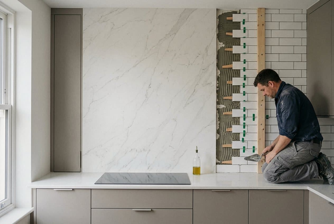 Installer setting a marble slab kitchen backsplash