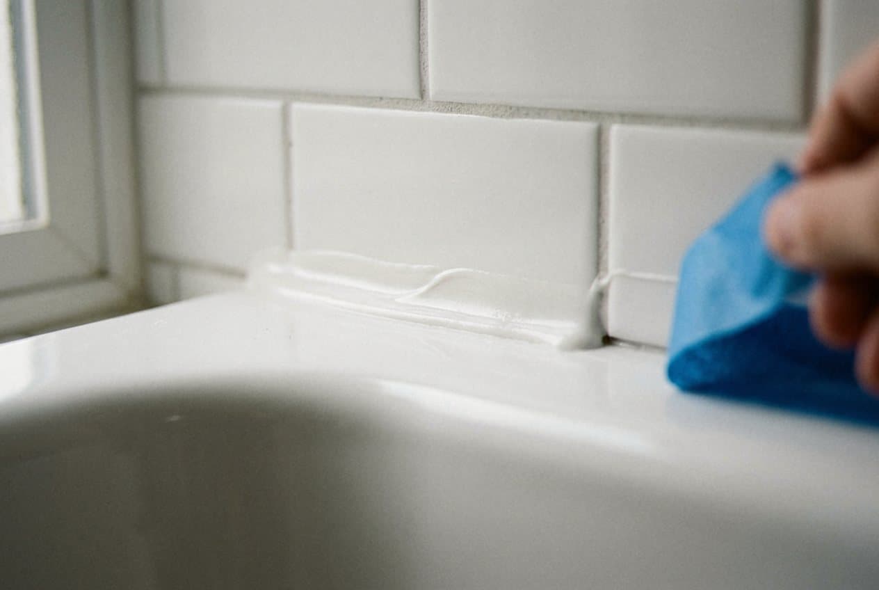 Applying fresh caulk along a tub tile joint