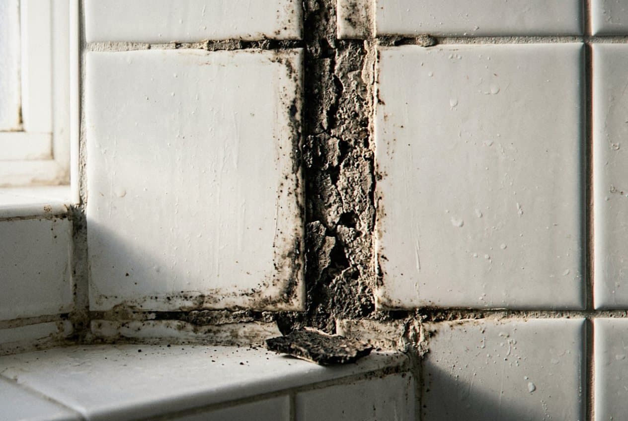 Mold and damage built up in a tile corner