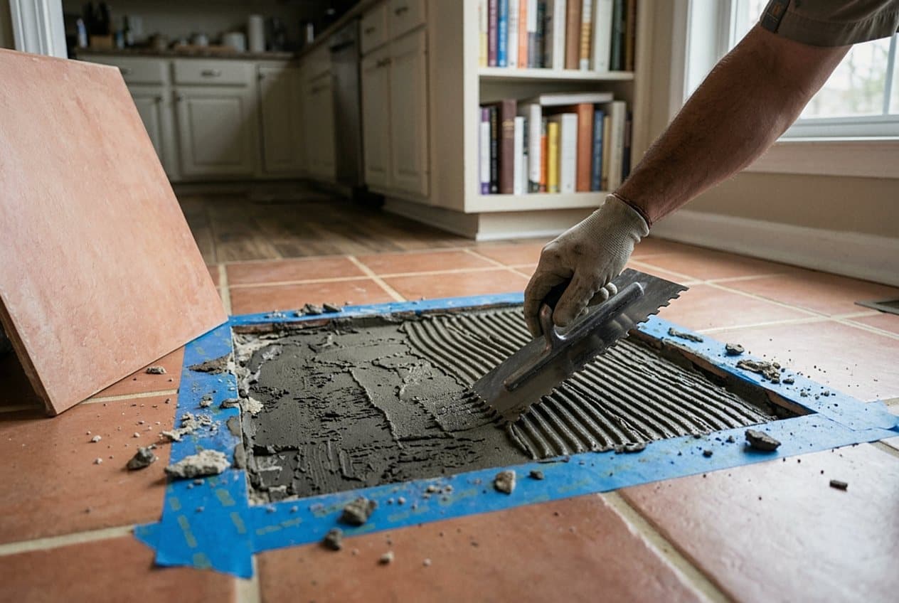 Installer troweling mortar to patch a floor tile