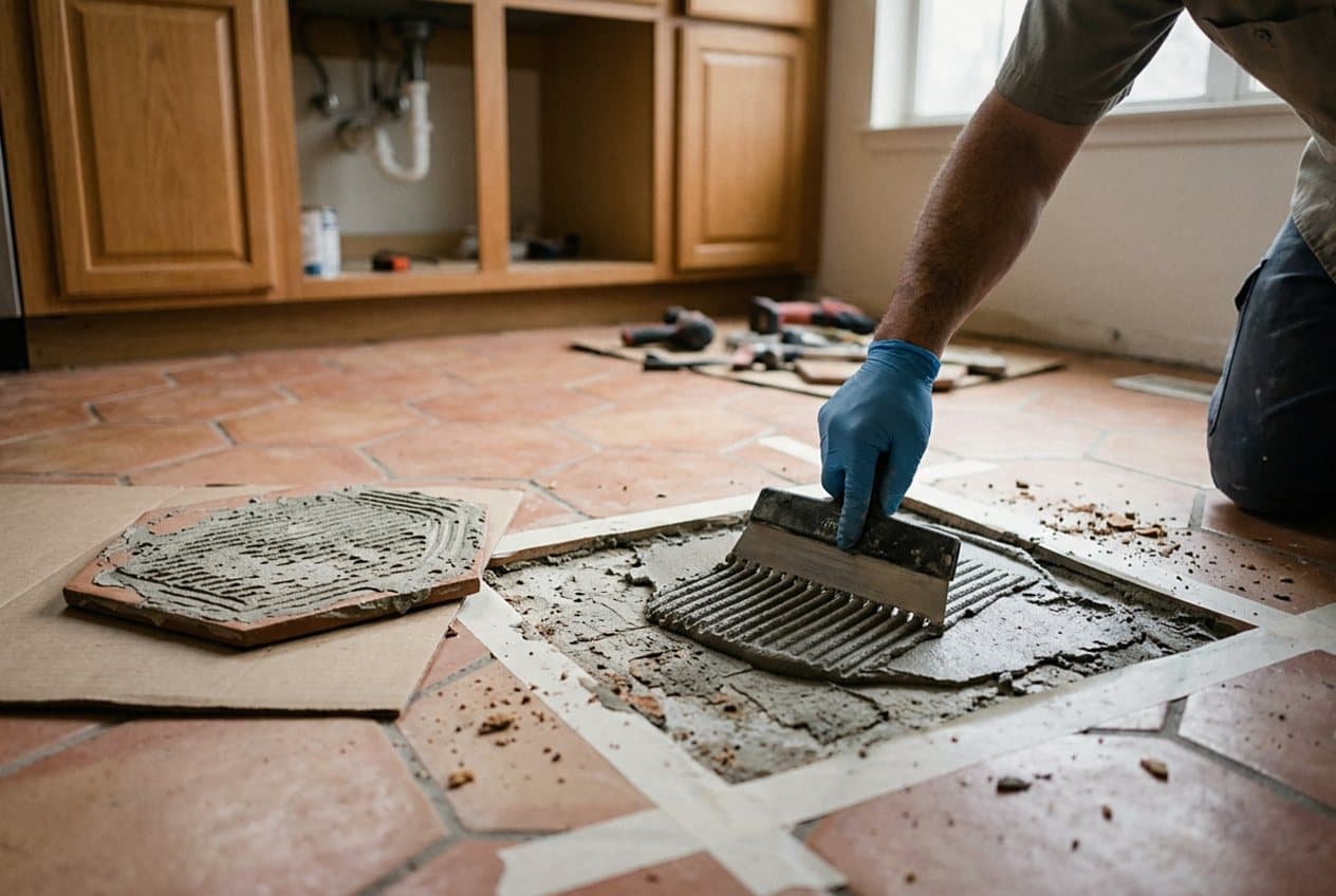 Patching a terracotta-look tile floor section