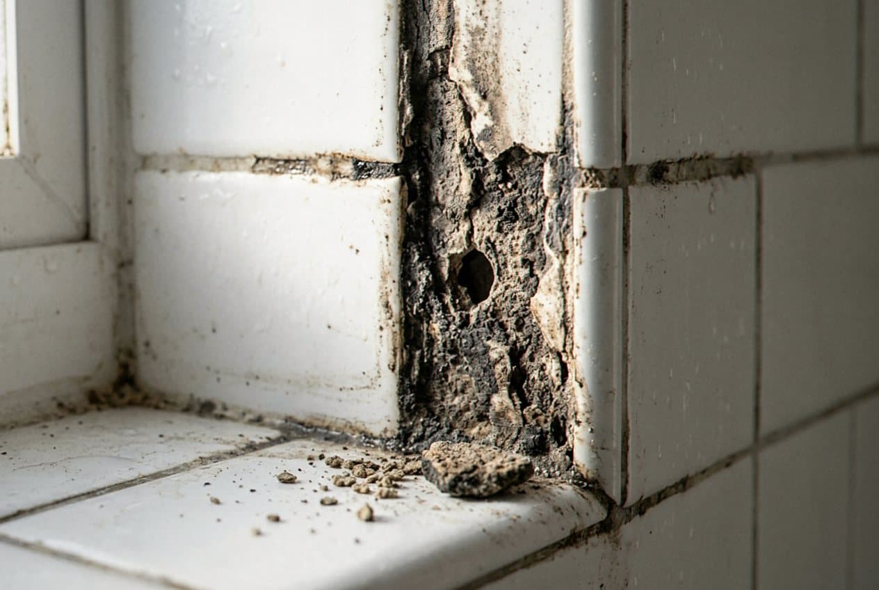 Crumbling moldy grout around a window sill tile