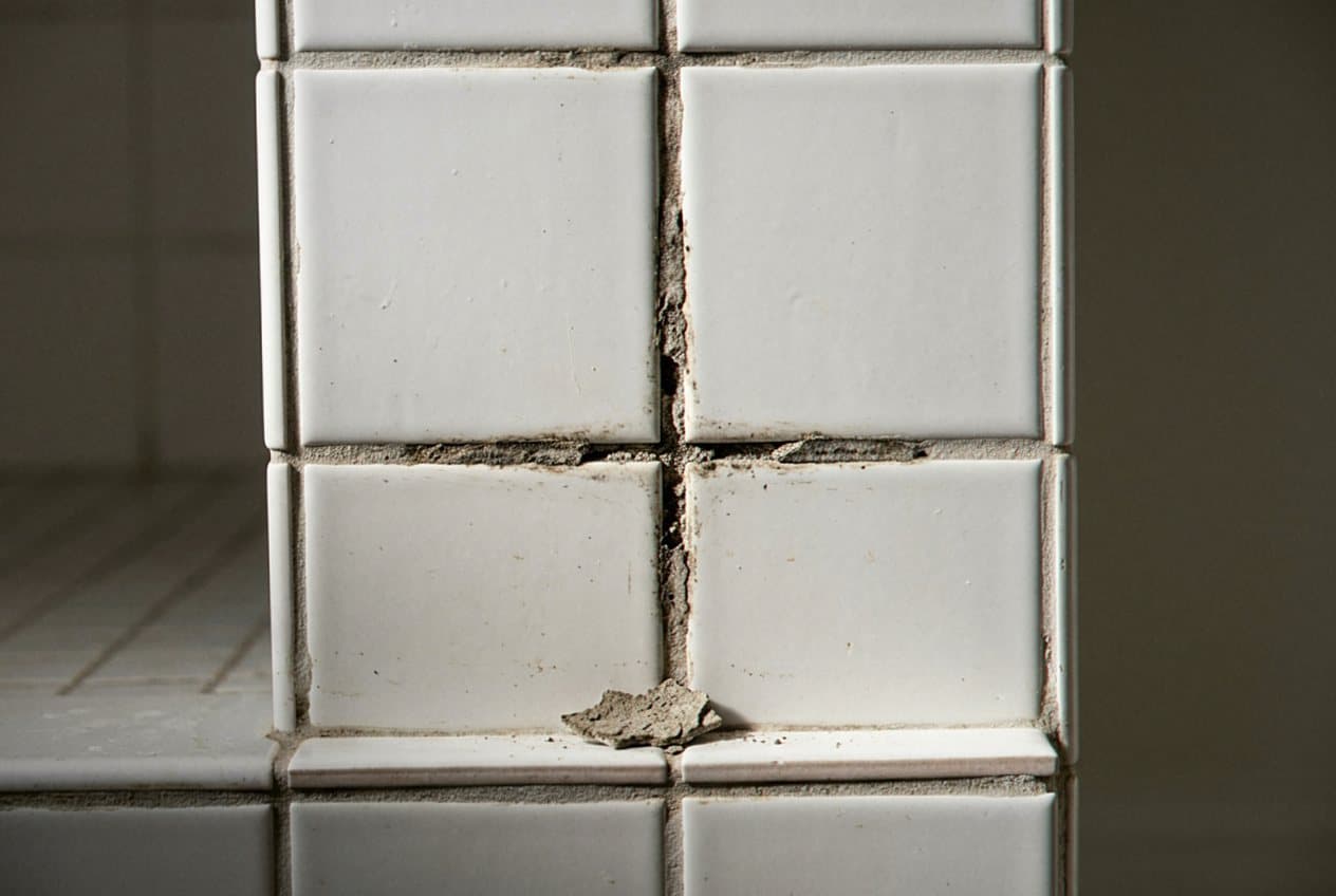 Digging out cracked grout between white wall tiles