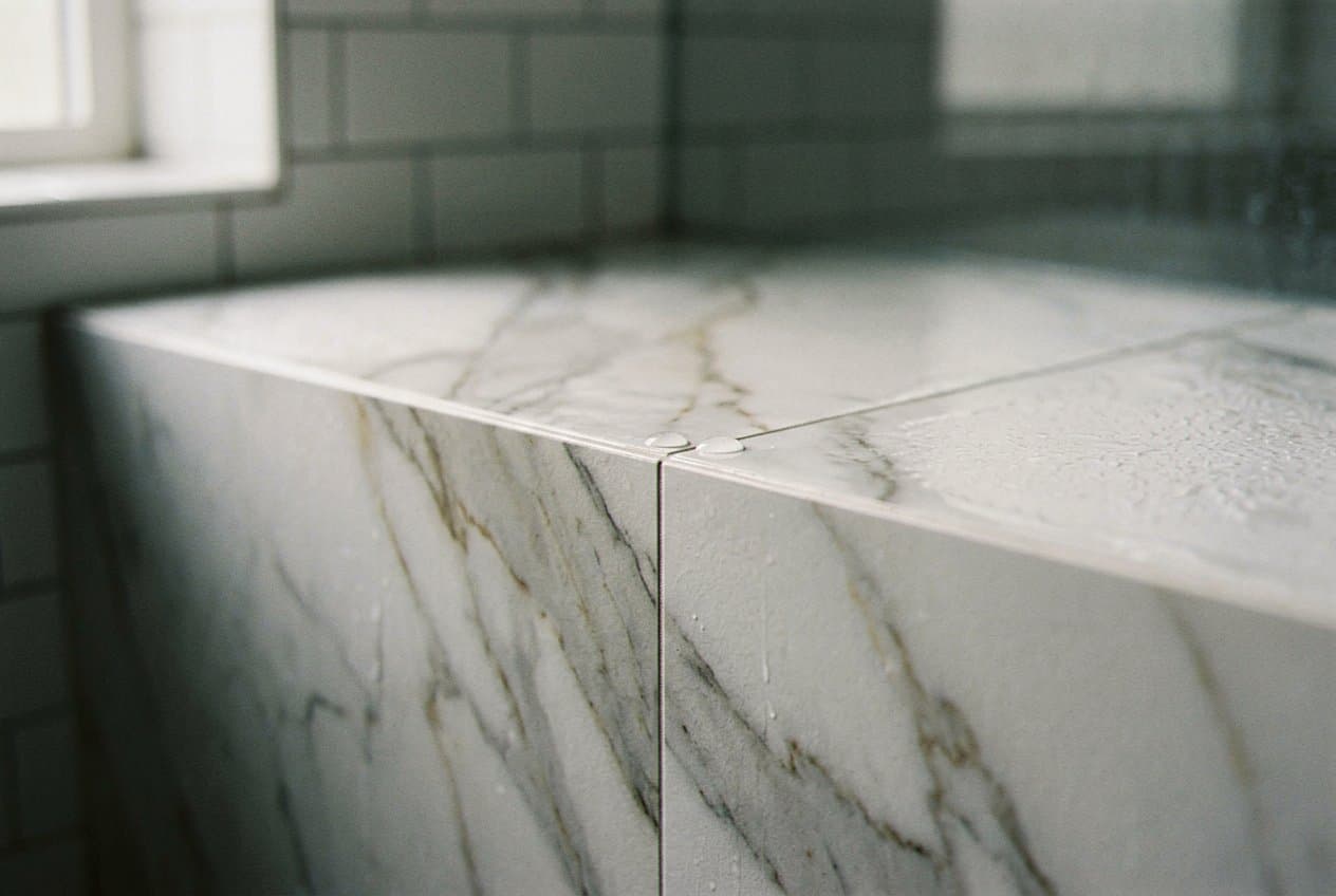 Mitered marble corner on a shower bench edge