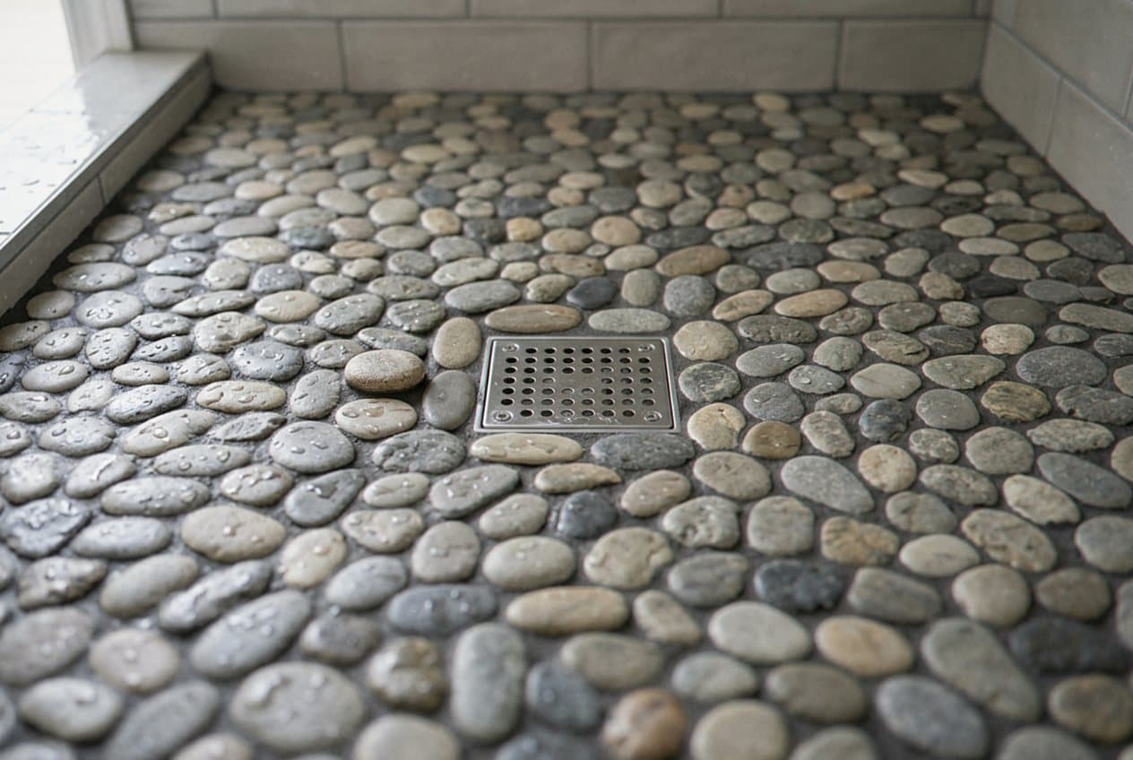River pebble mosaic shower floor around a drain