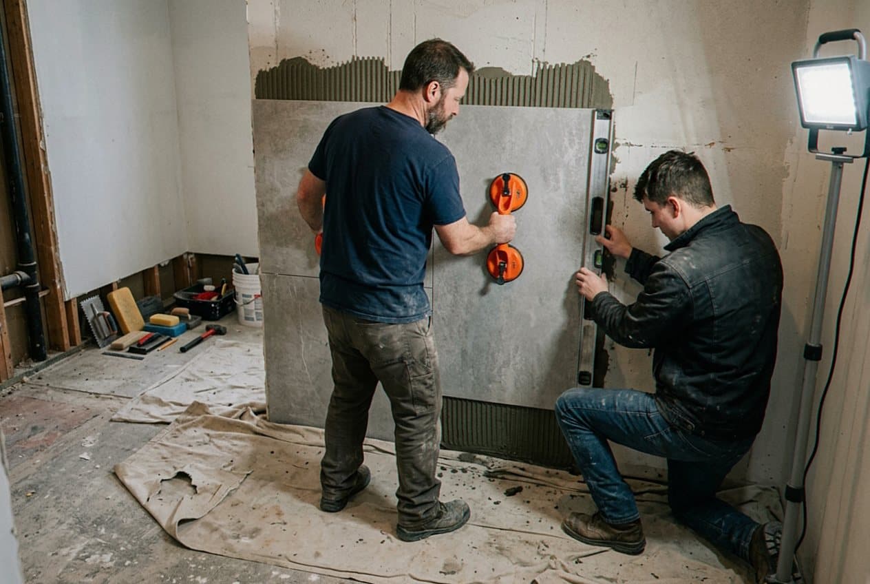 Two installers setting a large tile panel with suction cups